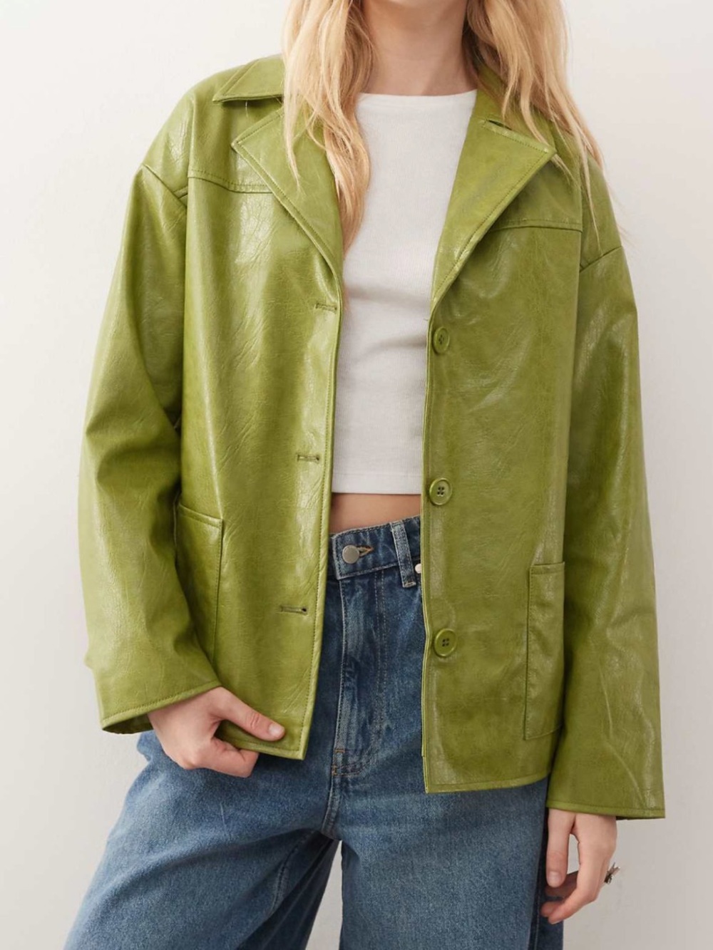 NWT ASOS Reclaimed Vintage Boxy Fit Leather Look Blazer in Apple Green